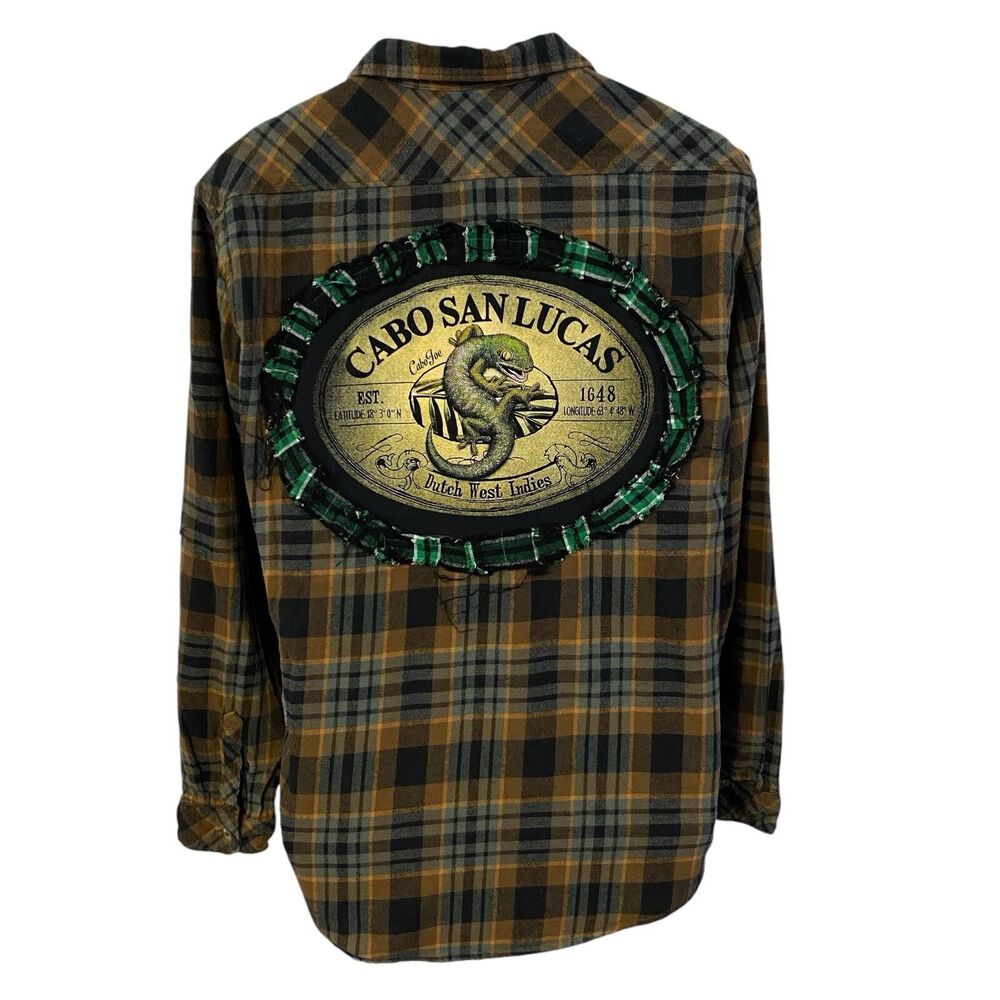 Upcycled Flannel Shirt Mens Large Shacket Gecko Grunge Camp Rock Country Concert